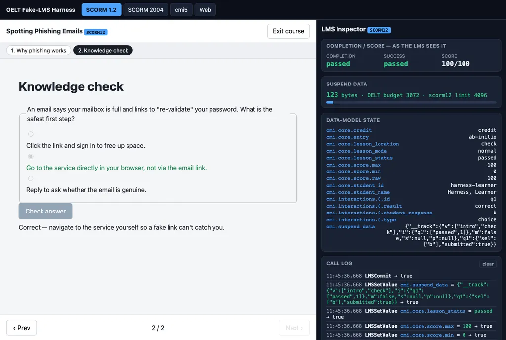 The walkthrough course in the local fake-LMS harness. The multiple-choice knowledge check is answered correctly, and the tracking inspector panel shows lesson status completed and passed with a score of 100 out of 100.